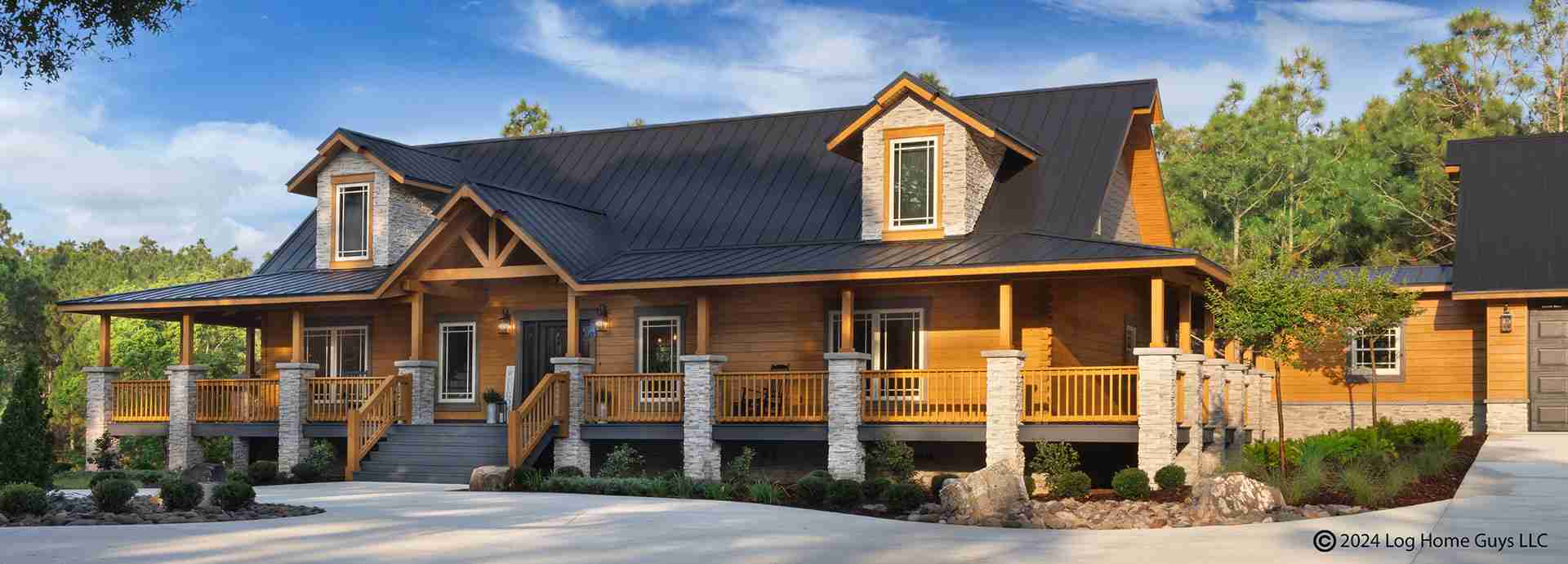 Spacious wooden log cabin with porch and gabled roof.