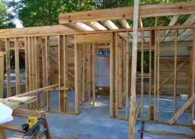 Wooden frame of a house under construction.