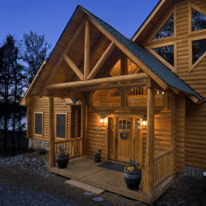 Modified Cypress Shenandoah Log Home Front Porch View by Log Home Guys of Florida