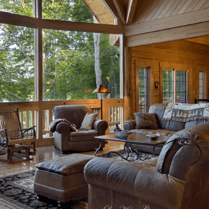 Modified Cypress Shenandoah Log Home Great-room waterfront View by Log Home Guys of Florida