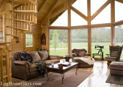 Cozy wooden living room with large windows